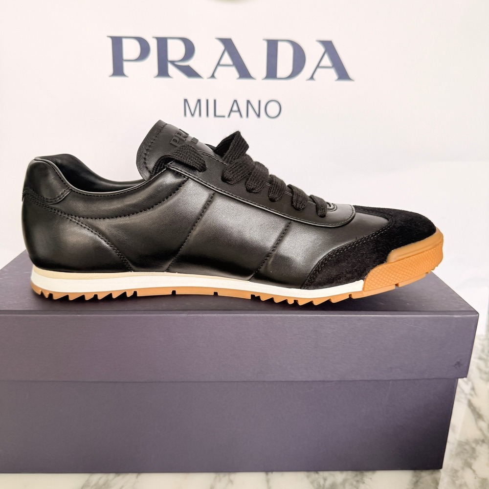 PRADA 2EG486 Black Leather with Suede Sneakers Shoes - NEW - US 9 UK 8